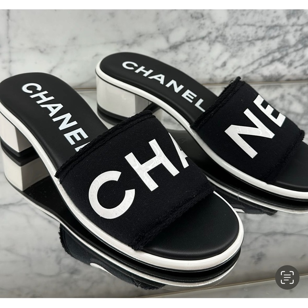 CHANEL Black and White Logo Slide Sandals